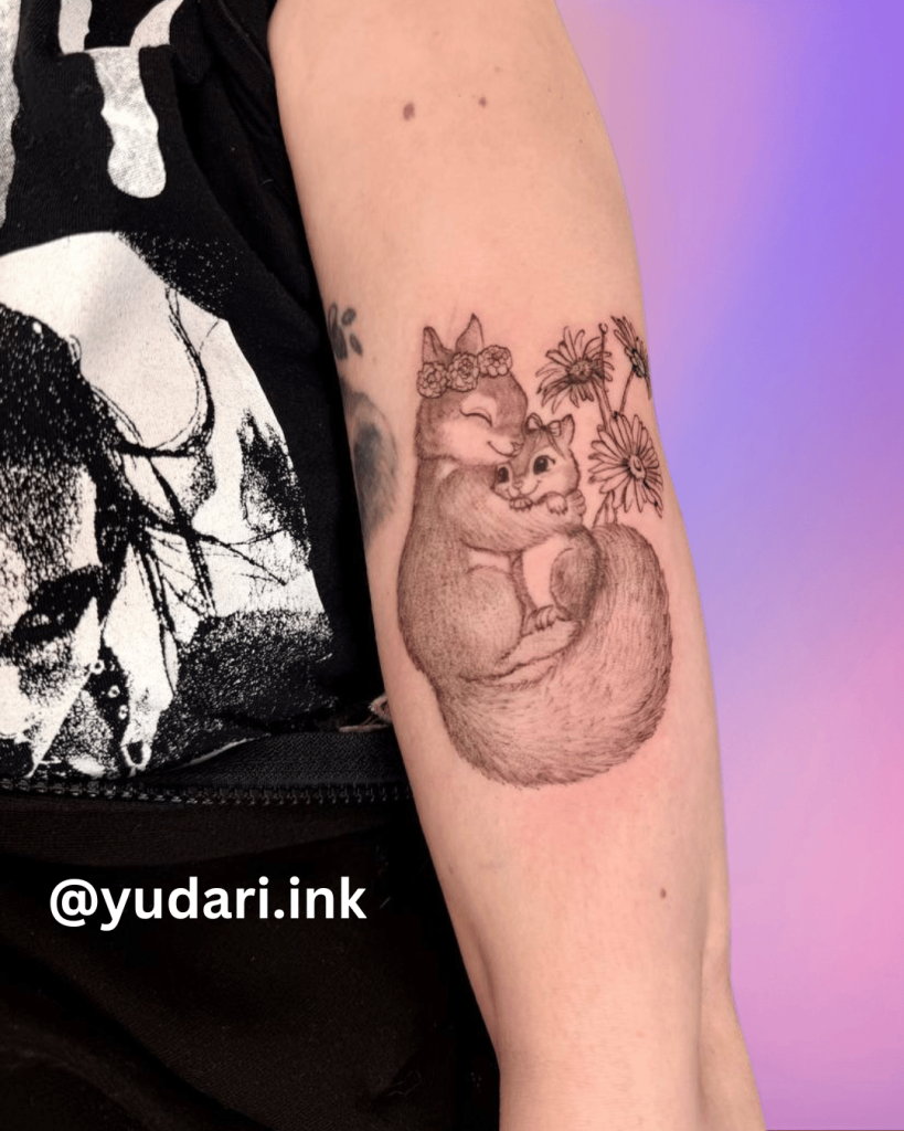 Realistic fine line squirrel tattoo curled with flowers on arm